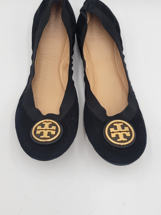 Tory Burch Shoes - Tory Burch Black Suede Logo Ballet Flats with Gold Tone Logo size 8.5